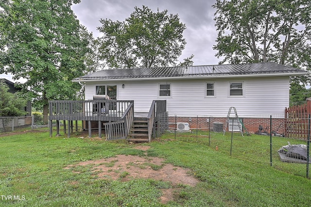 118 Greenmeadow Ln, Jonesborough, TN 37659 - back of house featuring a wooden deck, a cooling unit, metal roof, and central AC