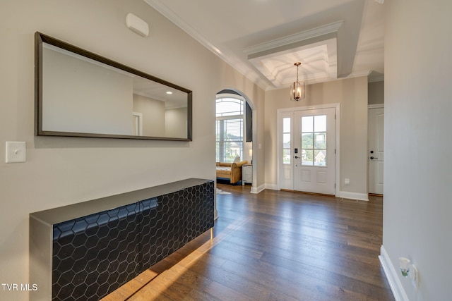 1132 Panoramic Vis, Gray, TN 37615 - entrance foyer with dark wood-type flooring, coffered ceiling, crown molding, arched walkways, and beam ceiling
