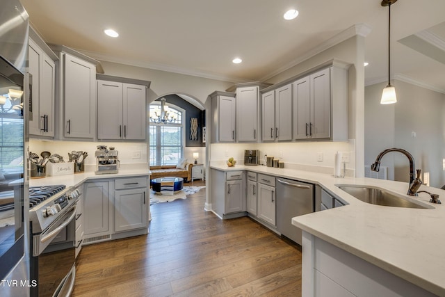 1132 Panoramic Vis, Gray, TN 37615 - kitchen with stainless steel appliances, crown molding, gray cabinets, dark wood-type flooring, and recessed lighting