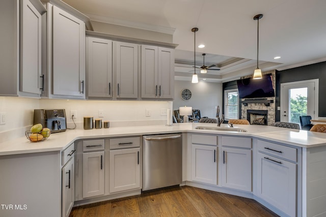 1132 Panoramic Vis, Gray, TN 37615 - kitchen with stainless steel dishwasher, a peninsula, open floor plan, ornamental molding, and a fireplace