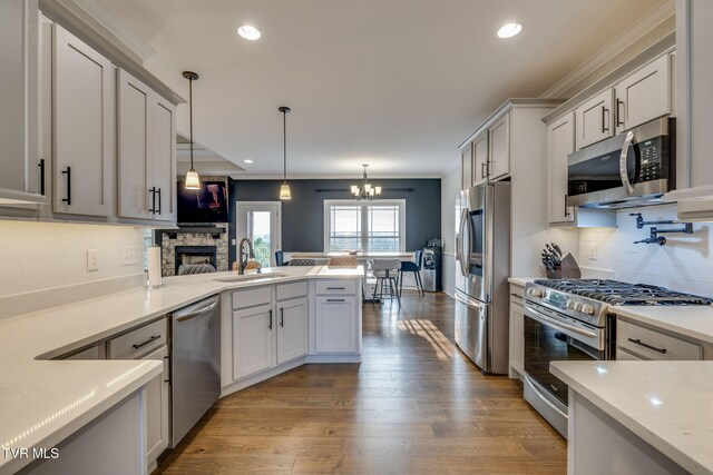 1132 Panoramic Vis, Gray, TN 37615 - kitchen with stainless steel appliances, ornamental molding, a fireplace, tasteful backsplash, and decorative light fixtures