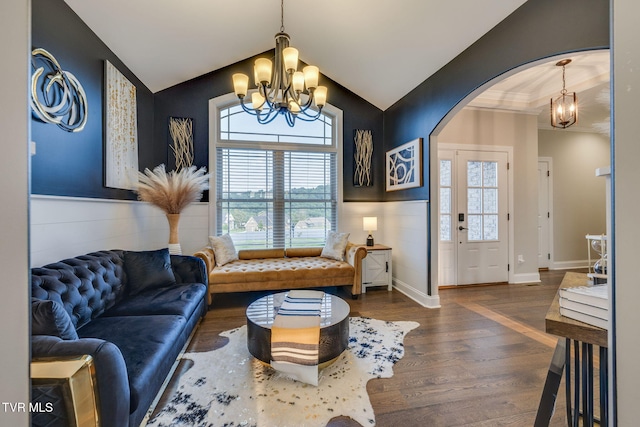 1132 Panoramic Vis, Gray, TN 37615 - living area with a chandelier, arched walkways, wood finished floors, plenty of natural light, and vaulted ceiling