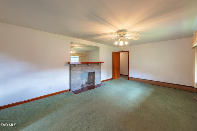 173 Keller Ln, Marion, VA 24354 - unfurnished living room with carpet flooring, a fireplace, and ceiling fan