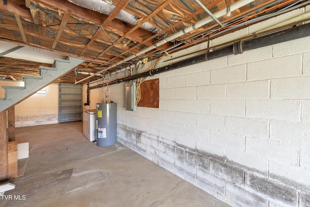 173 Keller Ln, Marion, VA 24354 - unfinished basement featuring water heater, stairs, concrete block wall, and electric panel