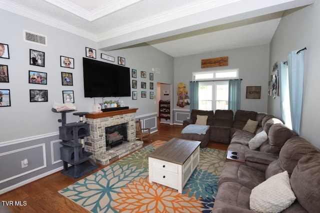 21164 Vances Mill Rd, Abingdon, VA 24211 - living area with wood finished floors, crown molding, a decorative wall, a fireplace, and a wainscoted wall
