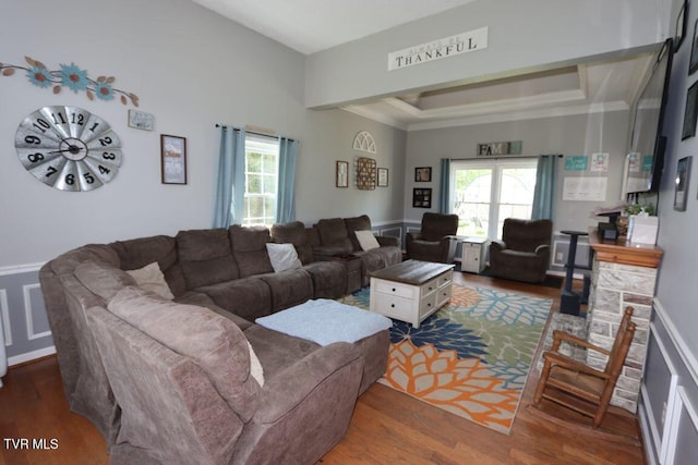 21164 Vances Mill Rd, Abingdon, VA 24211 - living area with a raised ceiling, wood finished floors, crown molding, and wainscoting