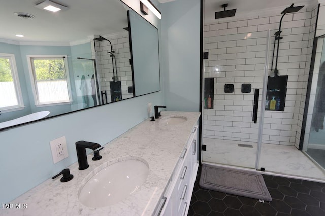 21164 Vances Mill Rd, Abingdon, VA 24211 - bathroom featuring ornamental molding, a shower stall, double vanity, and tile patterned floors