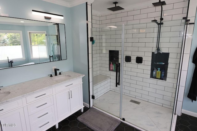 21164 Vances Mill Rd, Abingdon, VA 24211 - full bathroom featuring crown molding, double vanity, a stall shower, tile patterned floors, and baseboards