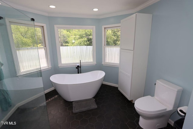 21164 Vances Mill Rd, Abingdon, VA 24211 - bathroom featuring a freestanding tub, toilet, crown molding, tile patterned floors, and recessed lighting