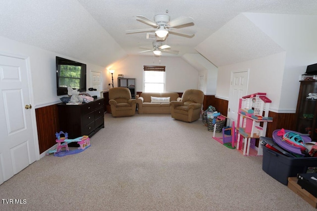 21164 Vances Mill Rd, Abingdon, VA 24211 - recreation room featuring carpet floors, a wainscoted wall, vaulted ceiling, a ceiling fan, and wood walls