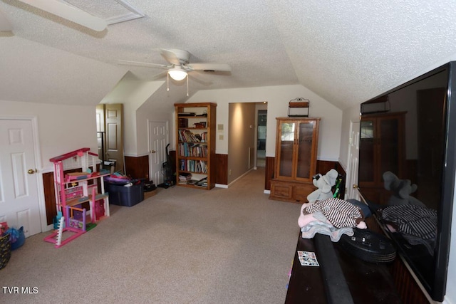 21164 Vances Mill Rd, Abingdon, VA 24211 - rec room featuring lofted ceiling, a textured ceiling, ceiling fan, and carpet floors