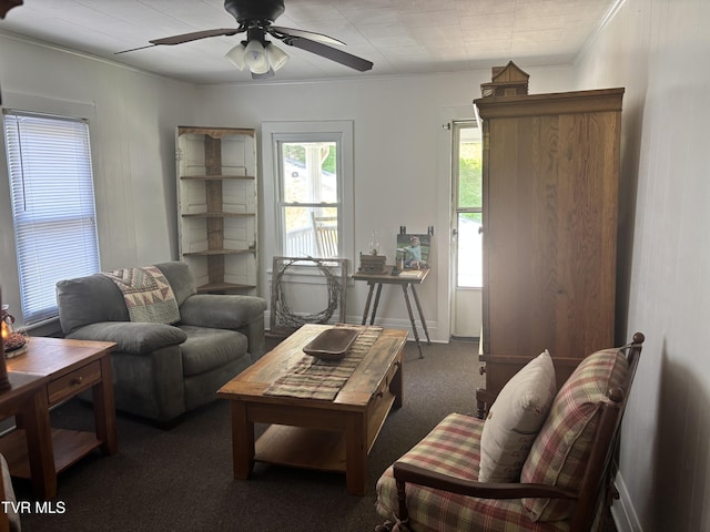 181 Powerhouse Holw, Clintwood, VA 24228 - carpeted living area with a ceiling fan and crown molding