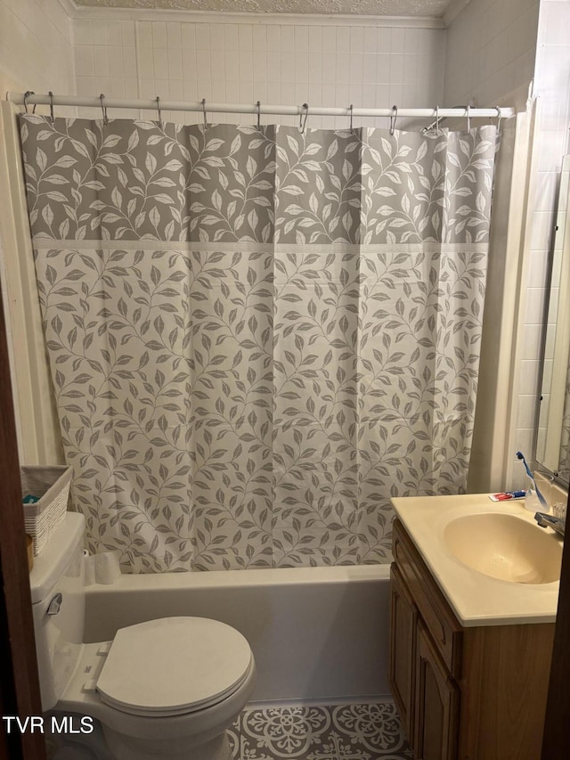 181 Powerhouse Holw, Clintwood, VA 24228 - full bath featuring toilet, shower / bathtub combination with curtain, vanity, a textured ceiling, and tile patterned flooring