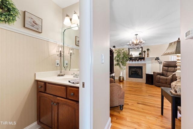404 E Mountain View Rd Unit 204, Johnson City, TN 37601 - bathroom featuring a chandelier, vanity, wood finished floors, and a fireplace