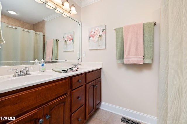 404 E Mountain View Rd Unit 204, Johnson City, TN 37601 - bathroom with double vanity, tile patterned floors, ornamental molding, baseboards, and a shower with curtain