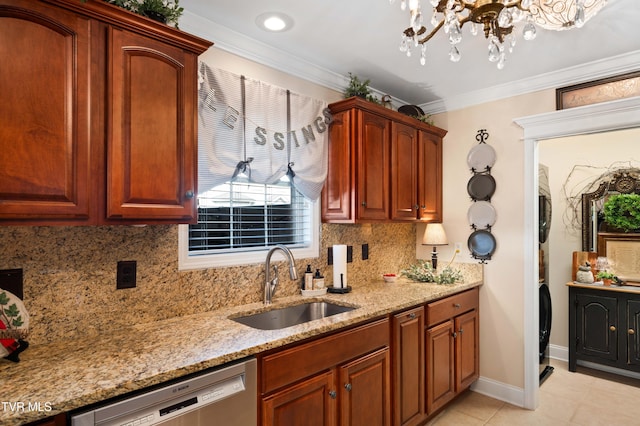 404 E Mountain View Rd Unit 204, Johnson City, TN 37601 - kitchen with a sink, stainless steel dishwasher, light stone counters, a chandelier, and decorative backsplash