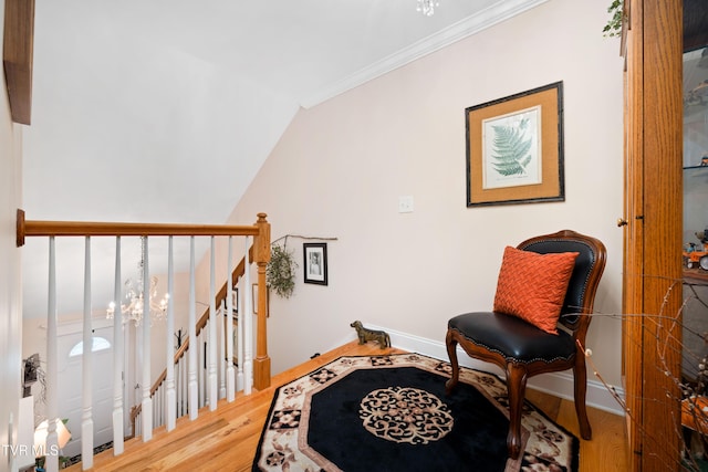 404 E Mountain View Rd Unit 204, Johnson City, TN 37601 - sitting room with ornamental molding, light wood-type flooring, an upstairs landing, baseboards, and vaulted ceiling