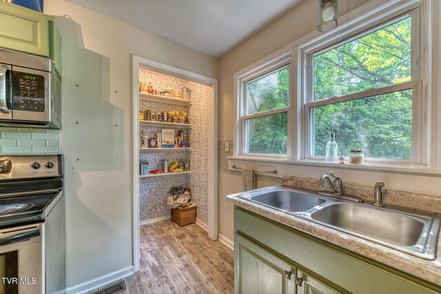 240 Watson Rd, Bristol, TN 37620 - kitchen featuring stainless steel appliances, light wood finished floors, a sink, green cabinetry, and baseboards
