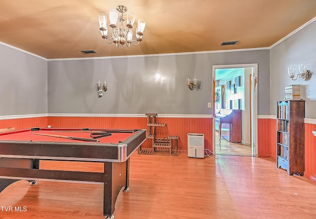509 9th St, Erwin, TN 37650 - game room featuring wainscoting, billiards, wood finished floors, crown molding, and a chandelier