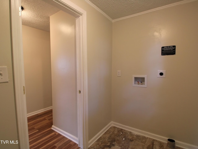 321 W Chilhowie Ave, Johnson City, TN 37604 - laundry room featuring a textured ceiling, hookup for a washing machine, hookup for an electric dryer, ornamental molding, and baseboards