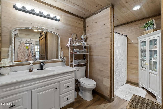 114 Adam And Corby Rd, Limestone, TN 37681 - bathroom with wooden ceiling, wooden walls, vanity, wood finished floors, and a shower with shower curtain