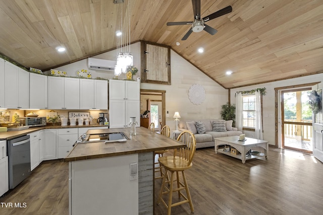 114 Adam And Corby Rd, Limestone, TN 37681 - kitchen featuring dishwasher, butcher block counters, wood ceiling, high vaulted ceiling, and dark wood-type flooring