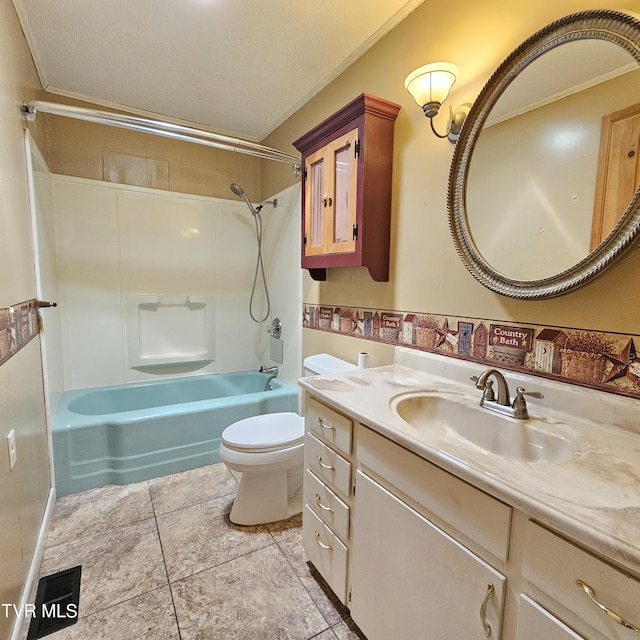 515 Chuckey Pike, Chuckey, TN 37641 - full bathroom featuring shower / tub combination, vanity, ornamental molding, tile patterned floors, and a textured ceiling