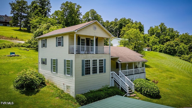 23270 Denton Valley Rd, Abingdon, VA 24211 - rear view of property featuring a yard, a balcony, and stairway