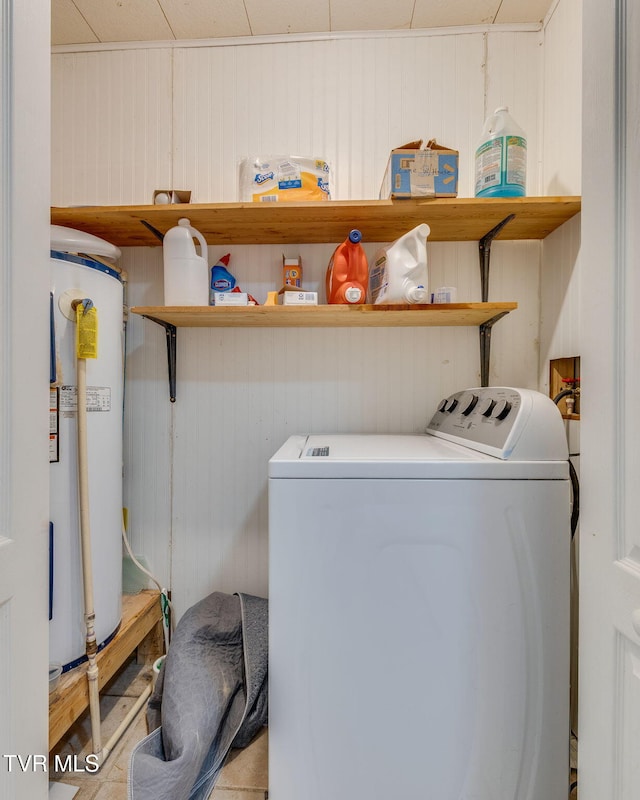 23270 Denton Valley Rd, Abingdon, VA 24211 - washroom featuring water heater, wood walls, and washing machine and dryer