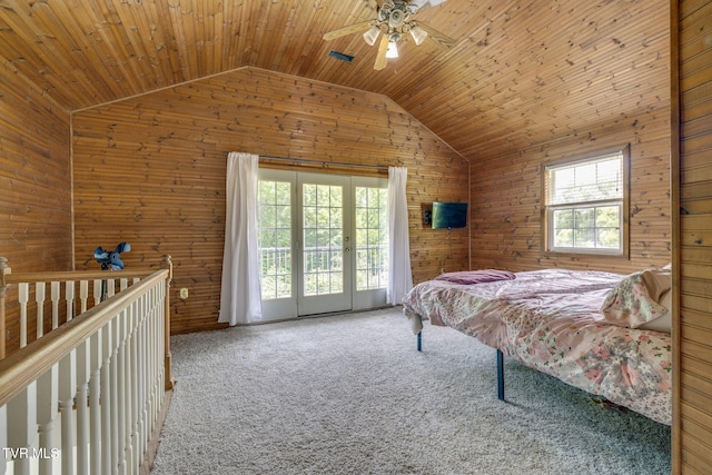 23270 Denton Valley Rd, Abingdon, VA 24211 - bedroom with wood walls, vaulted ceiling, wooden ceiling, carpet, and a ceiling fan