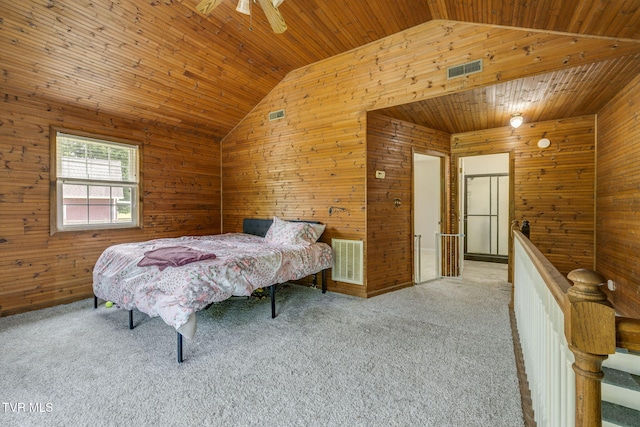 23270 Denton Valley Rd, Abingdon, VA 24211 - bedroom featuring vaulted ceiling, wood walls, wood ceiling, carpet floors, and a ceiling fan