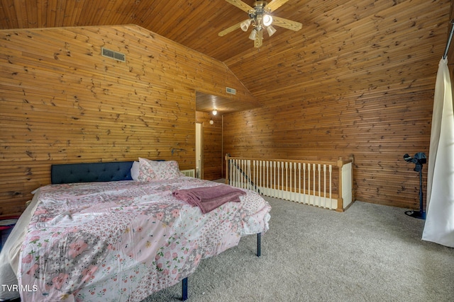 23270 Denton Valley Rd, Abingdon, VA 24211 - bedroom with wooden walls, wooden ceiling, carpet floors, high vaulted ceiling, and a ceiling fan