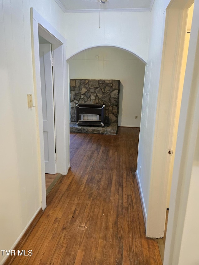 1510 Rock Creek Rd, Erwin, TN 37650 - corridor featuring hardwood / wood-style flooring, crown molding, and arched walkways