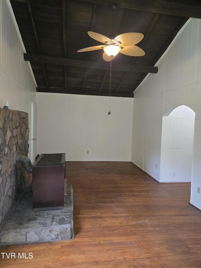 1510 Rock Creek Rd, Erwin, TN 37650 - unfurnished living room featuring wood finished floors, ceiling fan, wood ceiling, and arched walkways