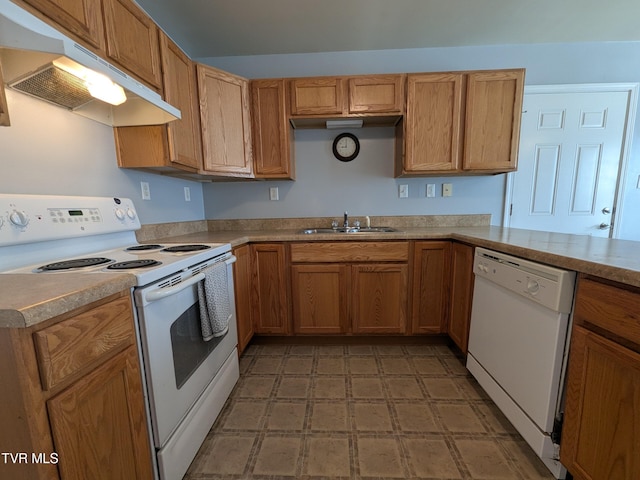 18408 Fortunes Way, Abingdon, VA 24210 - kitchen with white appliances, under cabinet range hood, light countertops, and brown cabinetry