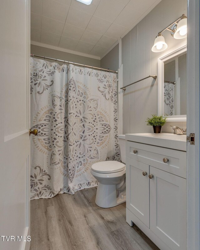 3909 Bond Dr, Kingsport, TN 37664 - full bathroom featuring wood finished floors, vanity, crown molding, and a shower with shower curtain