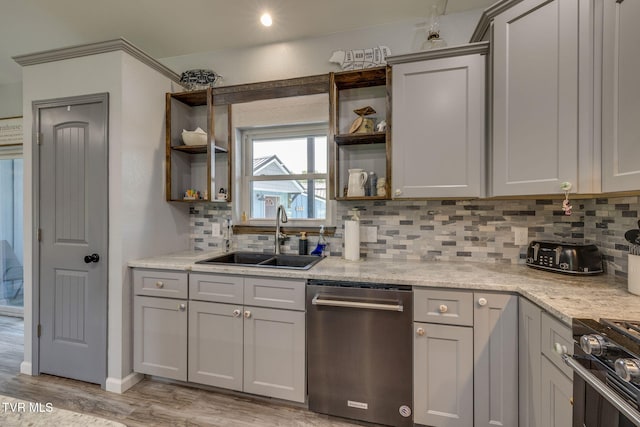 325 Barren Rd, Chuckey, TN 37641 - kitchen with dishwasher, open shelves, a sink, decorative backsplash, and light wood-style floors