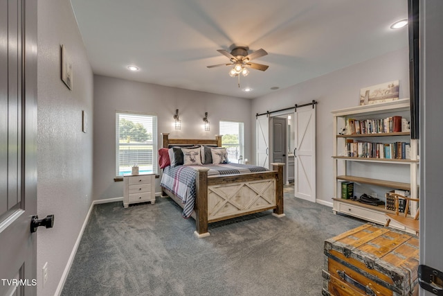 325 Barren Rd, Chuckey, TN 37641 - bedroom with a barn door, baseboards, carpet flooring, a ceiling fan, and recessed lighting