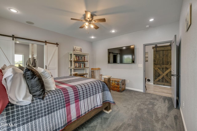 325 Barren Rd, Chuckey, TN 37641 - carpeted bedroom with a barn door, baseboards, recessed lighting, and a ceiling fan