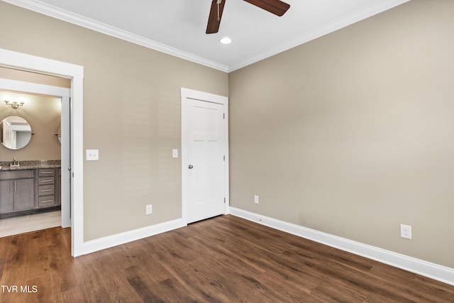 957 Riddle Rdg, Jonesborough, TN 37659 - unfurnished bedroom featuring a sink, baseboards, crown molding, dark wood-style floors, and recessed lighting
