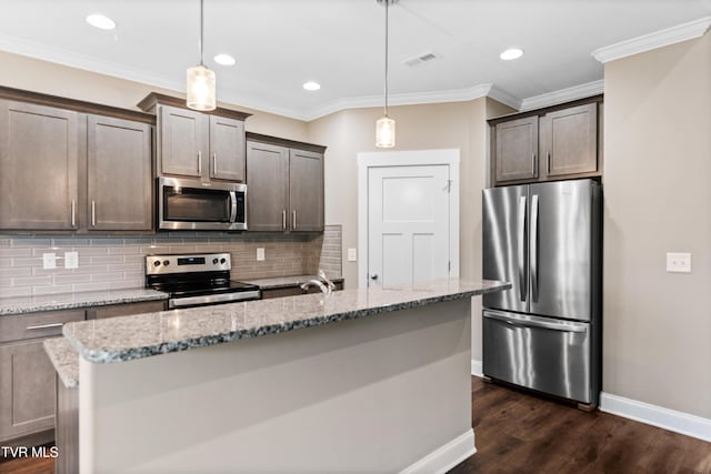 957 Riddle Rdg, Jonesborough, TN 37659 - kitchen with appliances with stainless steel finishes, baseboards, tasteful backsplash, light stone countertops, and dark wood-style flooring