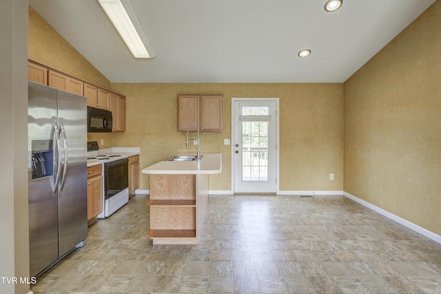 185 Thelma Hannabas Ln, Jonesborough, TN 37659 - kitchen featuring white range with electric stovetop, stainless steel fridge with ice dispenser, black microwave, light countertops, and a sink