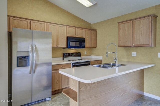 185 Thelma Hannabas Ln, Jonesborough, TN 37659 - kitchen with stainless steel fridge, white electric range, black microwave, lofted ceiling, and a sink