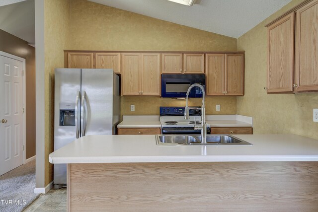 185 Thelma Hannabas Ln, Jonesborough, TN 37659 - kitchen featuring black microwave, stainless steel fridge with ice dispenser, electric range oven, a sink, and vaulted ceiling