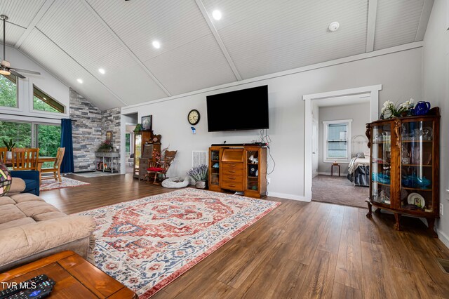 271 Laurel Way, Mountain City, TN 37683 - living room featuring a ceiling fan, hardwood / wood-style flooring, baseboards, recessed lighting, and high vaulted ceiling