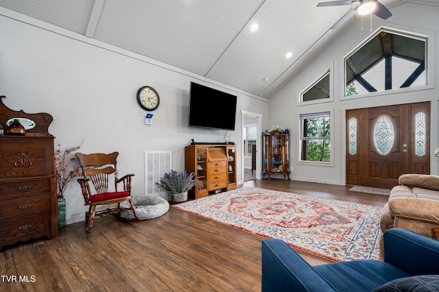 271 Laurel Way, Mountain City, TN 37683 - living room with high vaulted ceiling, wood finished floors, ceiling fan, recessed lighting, and beamed ceiling