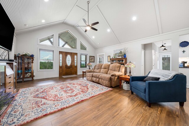 271 Laurel Way, Mountain City, TN 37683 - living room with ceiling fan, hardwood / wood-style floors, high vaulted ceiling, and recessed lighting