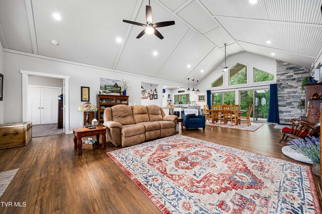 271 Laurel Way, Mountain City, TN 37683 - living area with a ceiling fan, hardwood / wood-style floors, high vaulted ceiling, and recessed lighting