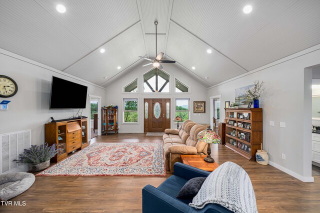 271 Laurel Way, Mountain City, TN 37683 - living room featuring wood finished floors, a ceiling fan, recessed lighting, baseboards, and high vaulted ceiling