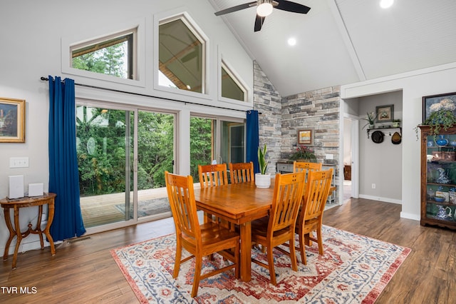 271 Laurel Way, Mountain City, TN 37683 - dining room featuring high vaulted ceiling, healthy amount of natural light, ceiling fan, wood finished floors, and beamed ceiling